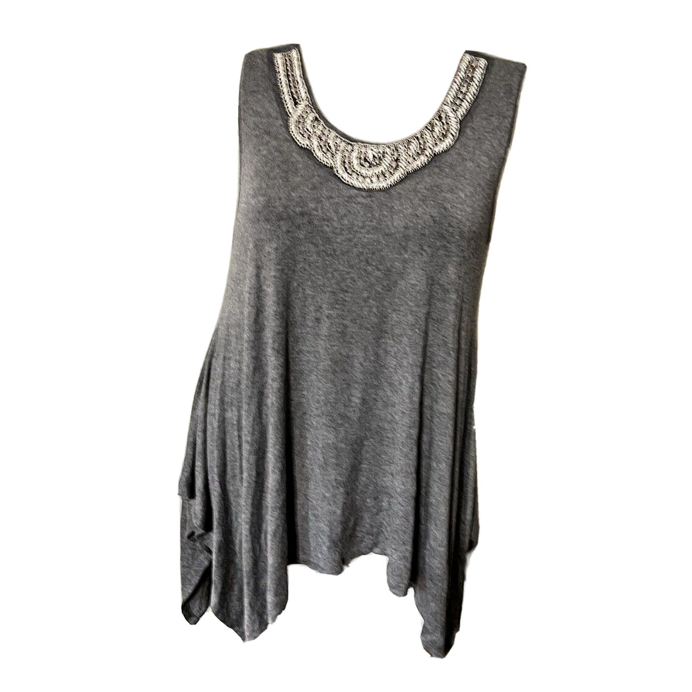 LA VANYA Womens Tunic Tank Top Size 3X Dk Gray Shark Bite Hem Embellished Neck